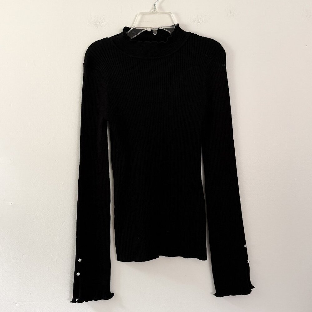 lea & viola // black long sleeve ribbed mock neck lettuce hem sweater NWT M